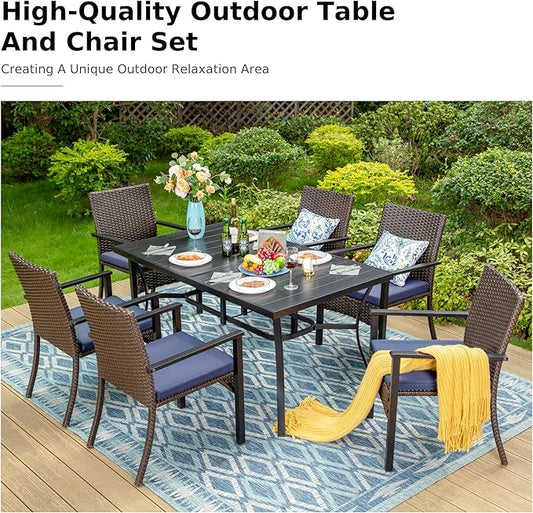 MFSTUDIO 7 Piece Patio Dining Table for 6, 59'' Rectangular Metal Table & Wicker Chairs, Outdoor Rattan Dining Furniture with Umbrella Hole, Deck, Porch