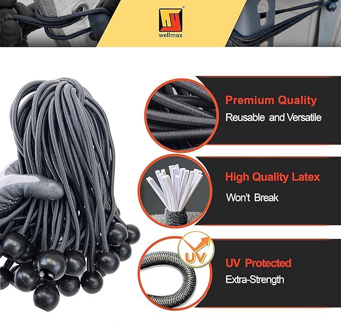 9 inch 50 Piece Heavy Duty 5mm Ball Bungee Canopy Cord By Wellmax, Black Color