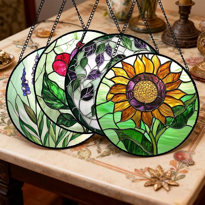 AMDERVEN Stained Glass Window Hanging 4 Pcs Set Red Roses Yellow Sunflowers Large 11.8" - Flower Suncatcher Door Garden Sun Catcher Decor Birthday Mother's Day for Mom Woman Nana Girl