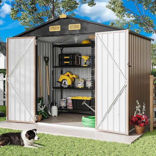 IRONCK 8x6FT Outdoor Storage Shed with Lockable Doors, 7.4x5.3FT Base Galvanized Steel Metal Garden Tool Shed with Breathable Vent for Yard Bins/Generator/Wheelbarrow Storage, Brown