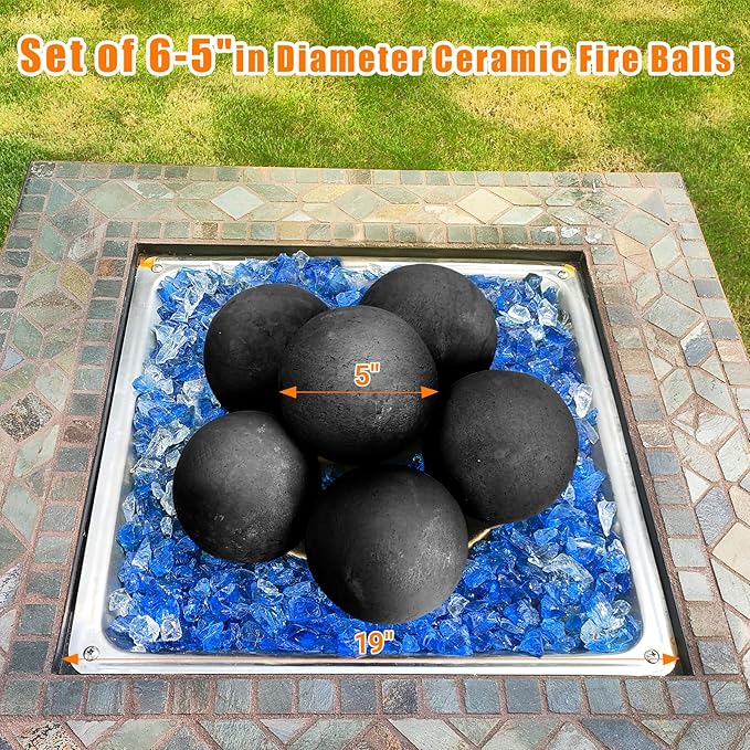 Ceramic Fire Balls, 5 Inch Set of 6 Fire Stones for Indoor & Outdoor Fire Pits or Gas Fireplaces, Reusable Decorative Landscaping and Fireplaces Accessories, Black