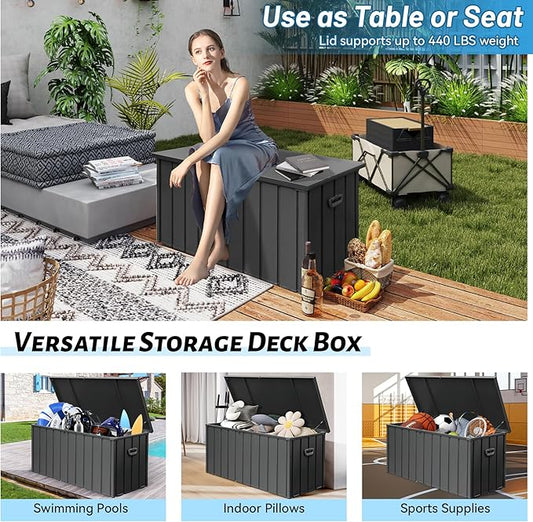 Outdoor Storage Box 100 Gallon, Waterproof Steel Deck Box, Large Patio Furniture Storage Cabinet, Lockable Storage Bench for Porch Package Delivery, Cushions, Pool, Tools- Dark Grey