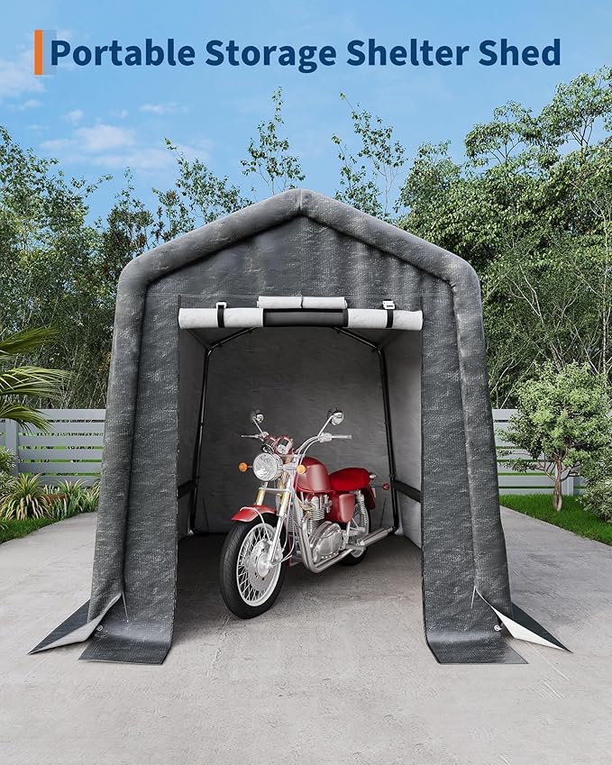  6X6 FT Heavy-Duty Portable Outdoor Storage Shed with Roll-Up Zipper Door & Vent, 240g Waterproof Carport Storage Shelter, UV-Resistant Canopy for Motorcycle, Firewood, Tools -Gray ﻿