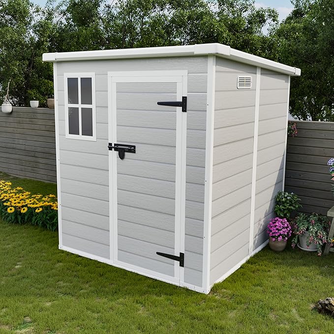 Resin Storage Shed 6x6ft?Outdoor Storage Sheds with Floor, Window, Lockable Doors and Vents, Tool Shed for Bike, Garden, Backyard,Lawn, All Weather Use (Grey, 6 * 6ft)