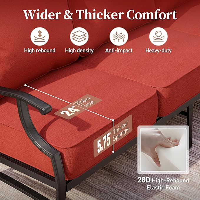 4 Piece Metal Outdoor Patio Furniture Sets, Patio Conversation Sets 1 3-Seater Sofa, 2 Fixed Chair with 5.75" Extra Thick Cushion and Coffee Table, Black Frame Backyard Furniture, Red