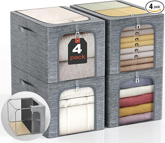 GoMaihe Clothes Storage Bin with Metal Frame: 4-Pack Stackable Closet Storage Bin with Lid & Clear Window, Sweater Boxes Storage for Closet Clothing Bedding Storage Organizer 40L