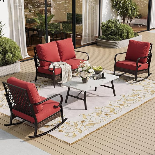 4 Piece Metal Outdoor Patio Furniture Sets, Patio Conversation Sets 1 Loveseat, 2 Rocking Sofa with 5.75" Extra Thick Cushion and Coffee Table, Balck Frame Backyard Furniture, Rust Red