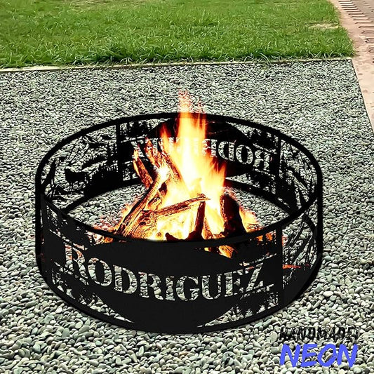 Personalized Wolf Fire Pit Ring Metal Custom Name 360 Degree Cutouts Wilderness Campfire Ring Stove Outdoor BBQs Backyard Camping Garden Decor Gifts Father's Day Campers