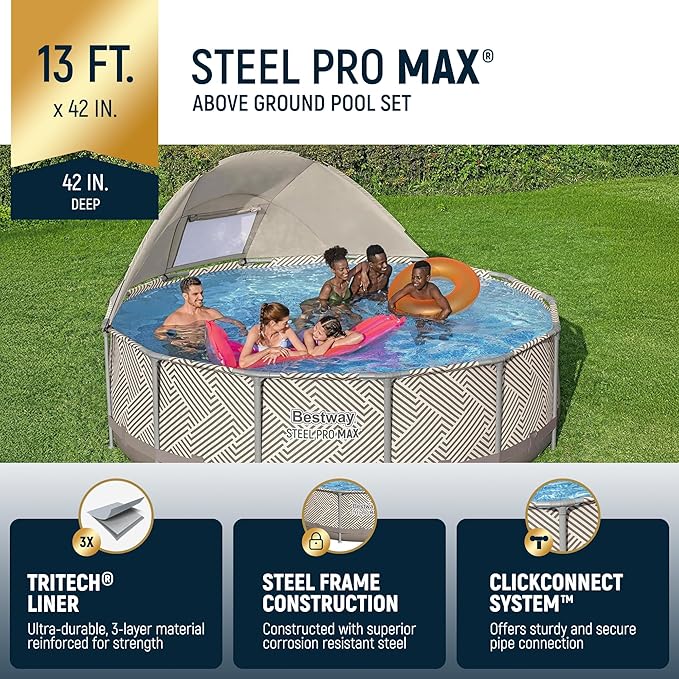 Bestway Steel Pro MAX 13' x 42" Above Ground Pool, Round Metal Frame Outdoor Swimming Pool Set with Canopy, Filter Pump, Ladder, and Cover, Taupe