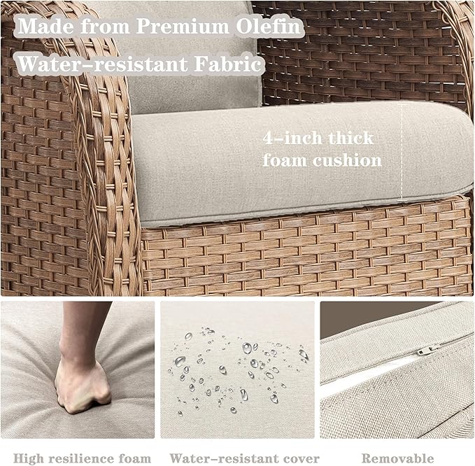 Belord Wicker Outdoor Furniture Patio Furniture Set - 6 Piece Patio Conversation Set with Swivel Rocker Chairs, Loveseat Sofa, Ottomans and Coffee Table, Beige Cushion