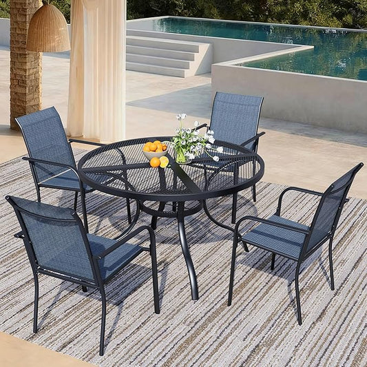5 Piece Outdoor Dining Set, Patio Table and Chairs Set of 4, 42" Black Round Patio Table with 4 Blue Stackable Patio Chairs for Lawn, Garden, Porch