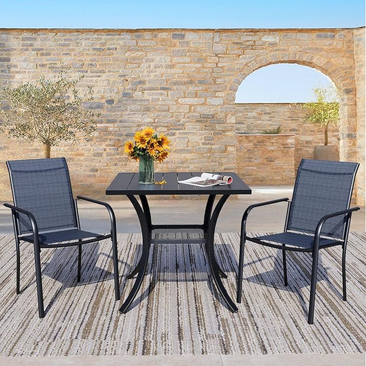 3 Piece Outdoor Dining Set, Patio Table and Chairs Set of 2, 27.6" Black Square Patio Table with 2 Dark Blue Stackable Patio Chairs for Lawn, Garden, Porch