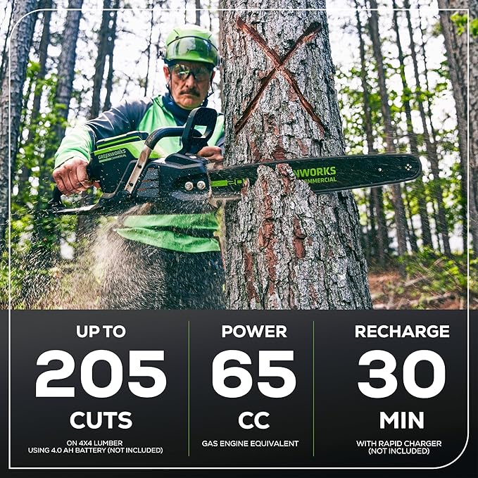Greenworks 82V 20" Brushless (3.4 kW) Cordless Chainsaw (205 Cuts Per Charge), 4.0Ah Battery and Dual Port Rapid Charger (Great For Landscapers and Professionals)