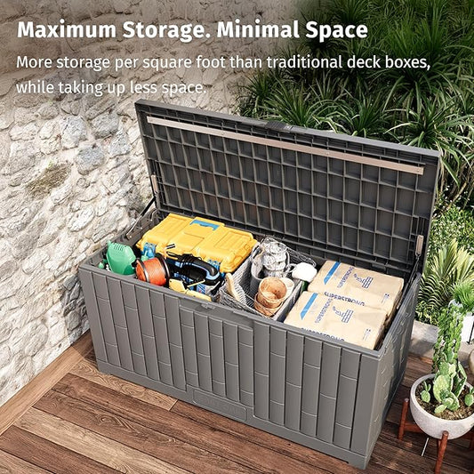 EAST OAK 120 Gallon Outdoor Storage Box | Large Resin Deck Box with Reinforced Stainless Steel Support | Waterproof & UV-Resistant Patio Storage Box for Cushions, Garden Tools & Pool Accessories, Grey