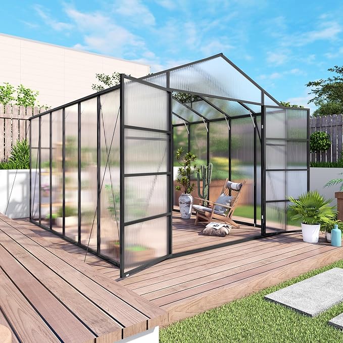 KEIKI 10x12 FT Polycarbonate Greenhouse for Outdoors, Heavy-Duty Aluminum Walk-in Greenhouse with Raised Base, Roof Vent & Drainage System, All-Season Garden Greenhouse, Black