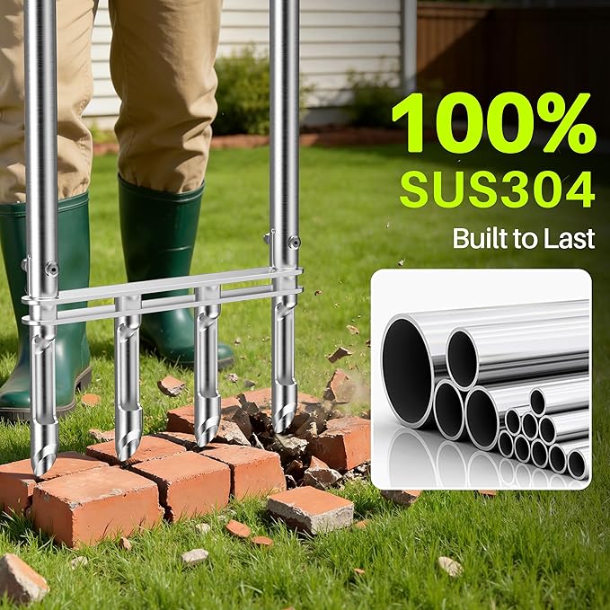 Knee-Friendly Manual Lawn Aerator Tool – SUS304 Stainless Steel Core Aerator for Grass, Yard Aeration Tool with 4 Hollow Tines for Lawn Care and Compacted Soil,43.3"-48.5",Silver