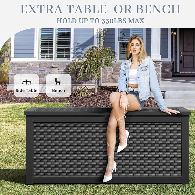 NUNU LAB 300 Gallon Outdoor Storage Box,Resin Large Sturdy Deck Box, Backyard Outside Storage Box Waterproof with Double Wall Panels,Package Delivery Garden Outdoor Hose Bin