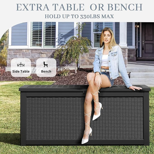 NUNU LAB 300 Gallon Outdoor Storage Box,Resin Large Sturdy Deck Box, Backyard Outside Storage Box Waterproof with Double Wall Panels,Package Delivery Garden Outdoor Hose Bin