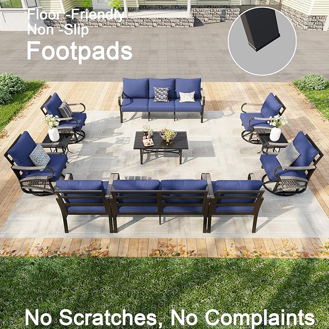11-Piece Modern Patio Furniture Set, All Weather Metal Outdoor Conversation Sets with 5.1" Extra Thick Cushion for Backyard Garden Deck Porch Poolside, Blue