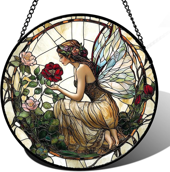 JOSUMALY Stained Glass Window Hanging - Butterfly Flower Fairy Suncatcher for Door Terrace Garden Home Decor Yellow Green Plants Sun Catcher Birthday Gifts for Lovers Women Men Dad Mom Nana 9.8 in