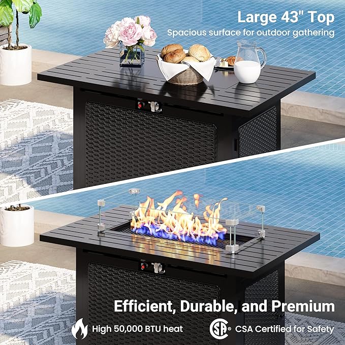 8 Pieces Outdoor Patio Furniture Set with 43" Fire Pit Table, Wicker Outdoor Patio Sectional Sofas with Cushions and Coffee Table, All-Weather Patio Conversation Set for Garden Backyard, Beige