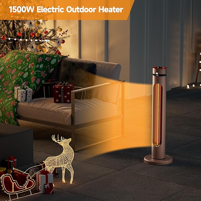 Portable Heater Outdoor Infrared 1500W 8 Heat Levels 8H Timers Carbon Fiber Tube Tip-Over&Overheat Protection IP45 Waterproof Electric Garden Heater, Deep Brown