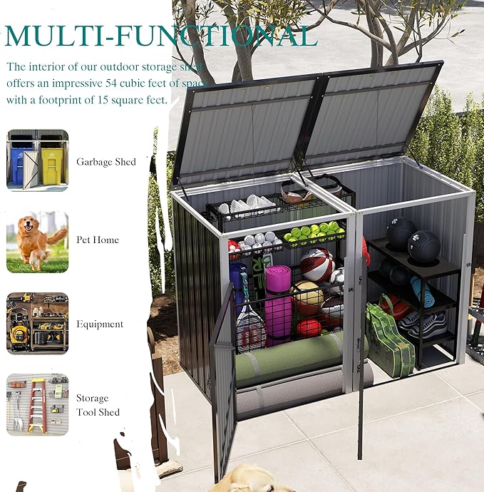 Outdoor Storage Shed Metal Trash Can Storage,54 Cu.Ft Garbage Can Storage Shed W/Lid Chain,Hydraulic Mechanism & Pneumatic Spring Support Rods,for 2 Trash Bins,Bike,Garden Tools,Dark Gray