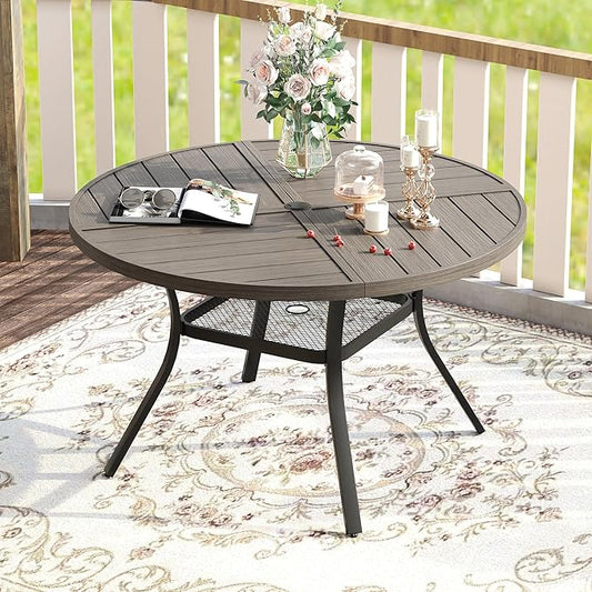 VICLLAX Round Patio Table with Adjustable Umbrella Hole for 4, All Weather Metal Outdoor Dining Table for Lawn Garden, 40.6" Outdoor Coffee Table, Grey Wood-Like Tabletop