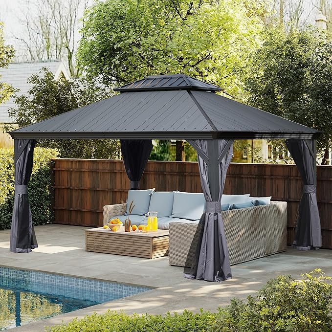 Domi 12' X 14' Hardtop Gazebo, Upgraded Metal Gazebo with Dual-Layer Resin Roof, Drainage System, Curtain and Netting, Outdoor Shelter Canopy for Patio, Garden, and Backyard, Grey