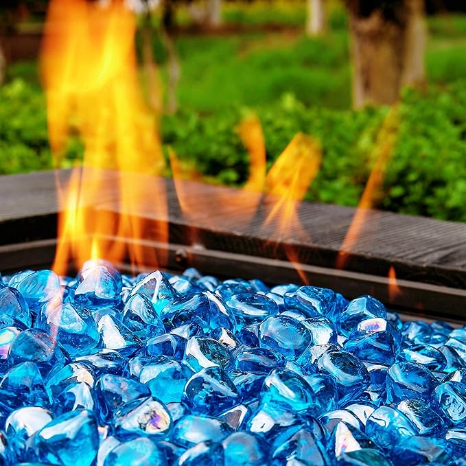 Fire Glass Diamond 1 Inch Fire Pit Glass Rocks for Propane or Gas Fire Pit(20 Pounds Margarita Azura Blue) Gift Package