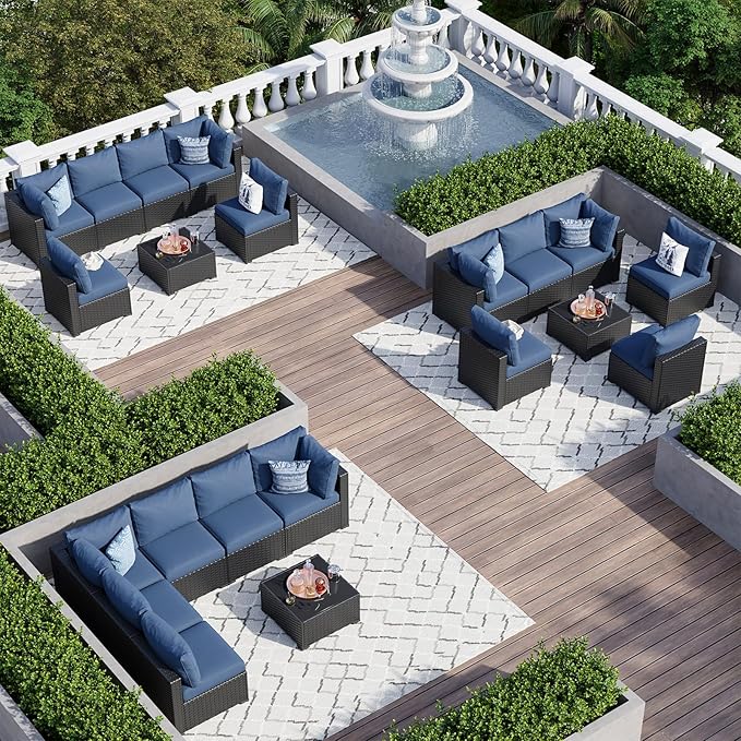 Aoxun 7 Piece Patio Furniture Set Wicker Rattan Patio Sectional Sofa Set Outdoor Seating Furniture with Thickened Cushion, Navy Blue