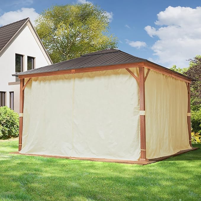 TOOLPORT Hardtop Gazebo 13x13 ft - Wood-Effect Finish - Steel Roof - 4 Side Panels in Champagne