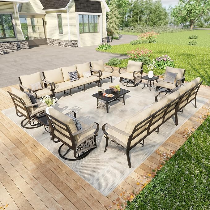12-Piece Outdoor Patio Conversation Sets, Rope Outdoor Furniture Set Metal 2 Three-Seater Couch, 4 Swivel Rockers with 2 Side Tables, Loveseat Sofa Single Chairs with Coffee Table, Beige
