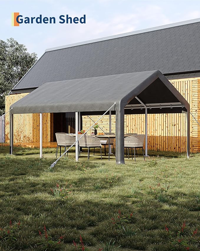GarveeLife 10x20 ft Carport, Car Port with 200 g PE Tarp, Roll-Up Doors, and 4 Windows, for Sedans, Bass Boats, Motos, ATVs, and SUVs, Light Gray