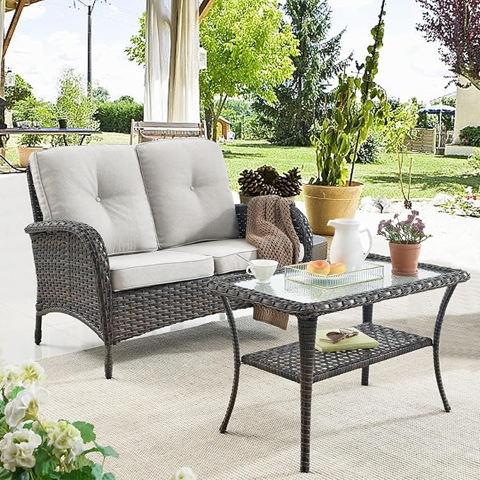 Belord 7 Piece Outdoor Patio Wicker Furniture Sets with Swivel Rocker Chairs, Rattan Loveseat Conversation Sets for Patio Deck Backyard Poolside, Beige Cushion