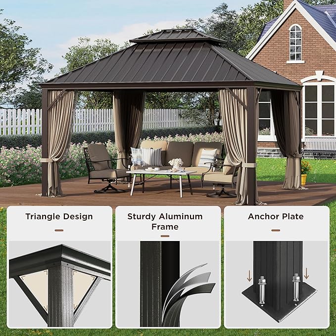 GREEN PARTY 12 X 14ft Hardtop Gazebo with Nettings and Curtains, Heavy Duty Double Roof Galvanized Steel, Outdoor Aluminum Gazebos Pergolas for Patios, Backyard, Deck, Garden, Lawns