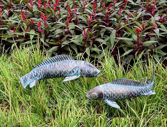 CLYB Garden Statues Koi Fish Decor Antique Copper Koi Garden Decor for Outside,Patio,Backyard,Pond,Home Decoration,Outdoor Metal Fish Sculptures Gardening Gifts for Women Mom Grandma,Set of 2