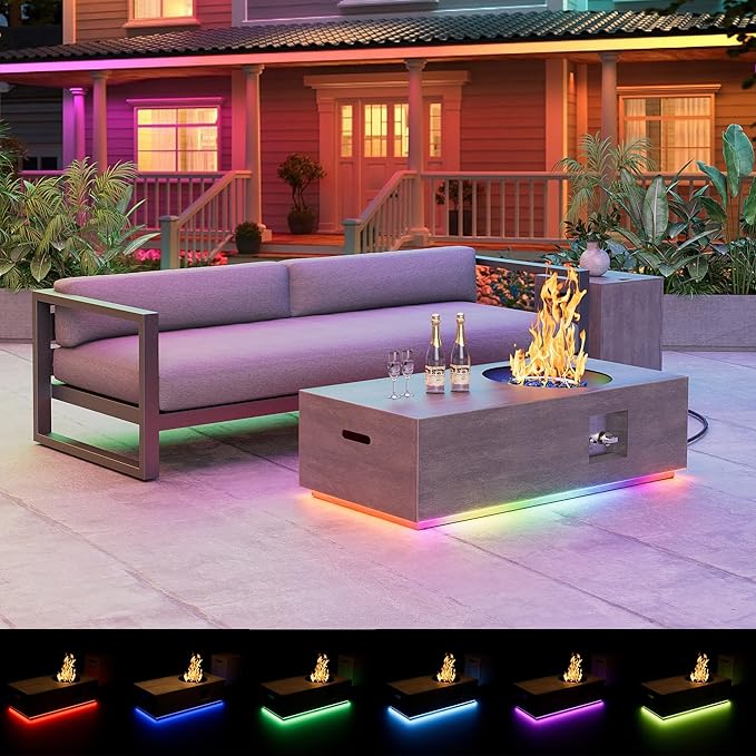48" Propane Fire Pit Table Round Burner with Multiple Color LED Lights – 50,000 BTU Fire Pit Table with Lid, Rocks, Cover and Tank Storage - Outdoor Fireplace Table (Grey/RGB Light, 48" LED)