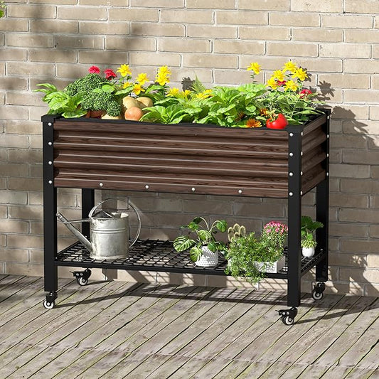 48" W x 24" D x 34" H Galvanized Raised Garden Bed with Lockable Wheels, Raised Garden Beds Outdoor with Drainage Gaps & Shelf, Planter Boxes Outdoor for Backyard, Patio, Balcony, Rustic