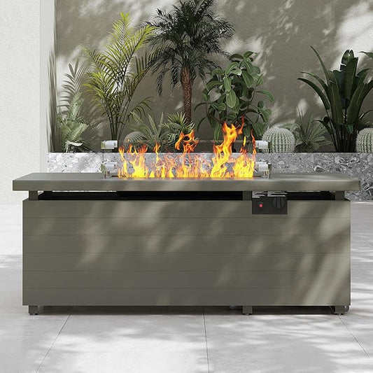 Sundale 51 Inch Outdoor Fire Pit Table, 50,000BTU Rectangle Propane Fire Pit with Sliding Tank Holder, Glass Wind Guard, Dust Cover, Removable Lid, CSA Certified, Champagne