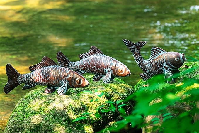 CLYB Outdoor Garden Sculptures & Statues Koi Fish Decor Antique Koi Garden Decor for Outside,Patio,Backyard,Pond,Home Decoration,Metal Fish Sculptures,Gardening Gifts for Women Mom Grandmom,Set of 3