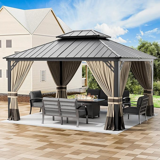 12’x14’ Hardtop Gazebo Outdoor Aluminum Frame Permanent Gazebo Galvanized Steel Double Roof Pergola with Nettings and Curtains for Patio, Lawns,Backyard,Deck(Brown)