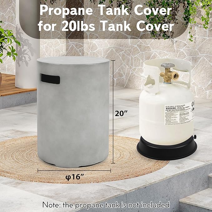 Propane Tank Cover Table, Modern Outdoor Gas Tank Covers, 20LB Concrete Tank Storage Box Hideaway Table for Propane Gas Fire Pit and Round Tank Holder with Handles (Gray) φ16 X 20inch