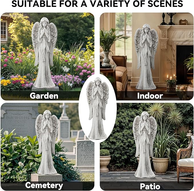 Ultym Praying Angel Statue for Outdoor Garden, 26.4 Inch Large Heavenly Memorial Sculpture,Durable MGO Stone Standing Angels for Yard, Patio or Cemetery Decor,Offering Comfort & Peace, Antique White