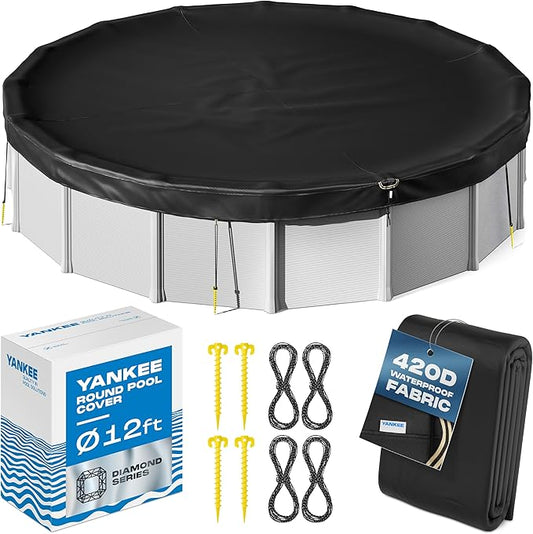 Yankee Diamond Series Pool Covers for Above Ground Pools | All-Weather, Windproof, Light 12ft Round Pool Cover w/ 4 Screw-In Pegs, 4 Ropes | 3 Mounting Methods, Strong Fastenings for Triple Protection