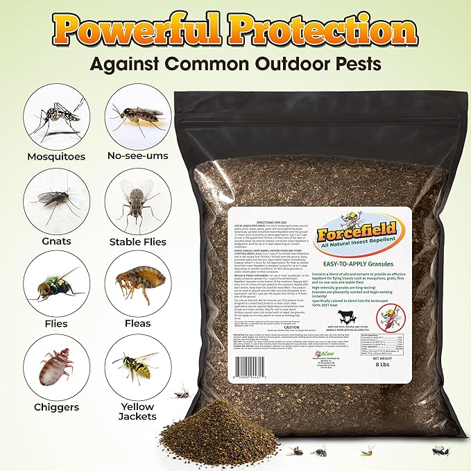 ForceField Natural Flea, Mosquito Yard Treatment - Repellent Granules for Backyard Mosquito Control | Pet Safe, DEET-Free Outdoor Control | Long-Lasting Barrier for Lawns, Patios, & Barns 8 LB