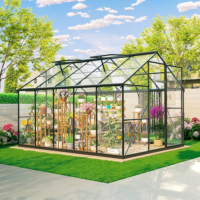 Outdoor Greenhouse with 3mm Transparent PC Panels, Small Walk-in Greenhouse,Vented Roof Window, Windproof Aluminum Frame with Quick-Installation Structure, Suitable for Gardening