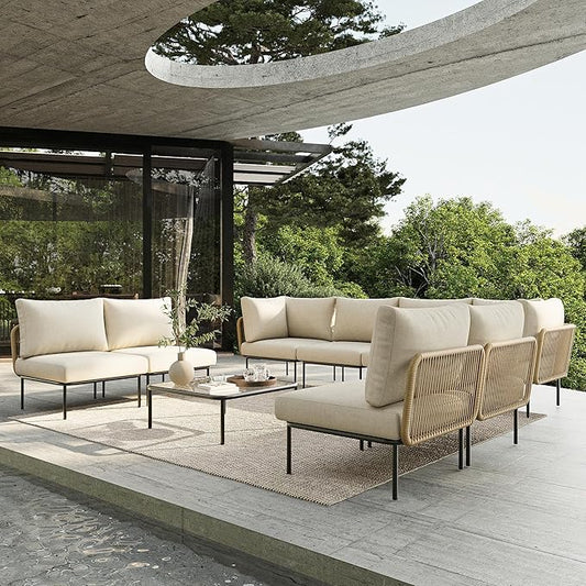 9 Piece Modern Outdoor Rope Wicker Sectional Patio L-Shaped Conversation Sofa Set Deep Seating with Thick Cushions
