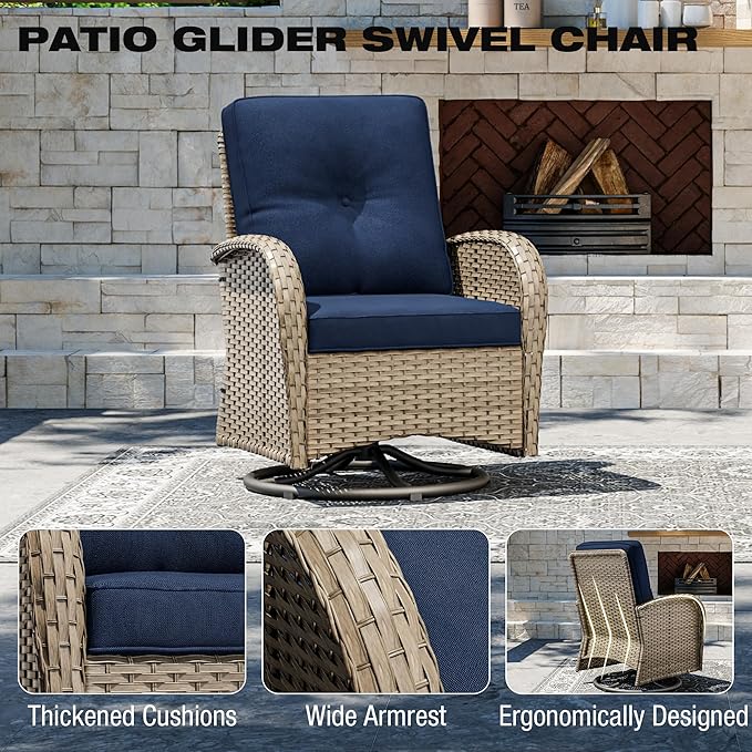 Joyside Outdoor Swivel Rocker Chairs, 6 Piece Wicker Patio Set with Thick Cushion and Side Table, Rattan Patio Swivel Rocking Chairs for Porch, Deck Use (Natural/Blue, 6 PCS)