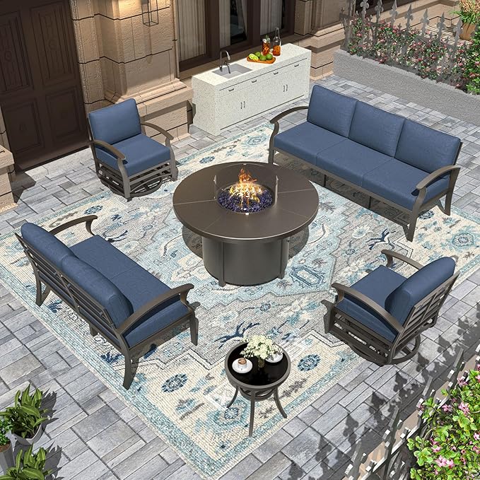 Aluminum Patio Furniture Set with Round Fire Pit Table, 7 Seats Outdoor Conversation Sets Modern Metal Patio Sectional Sofa with Upgrade Cushions for Patio, Backyard Navy